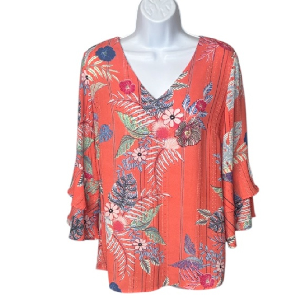 NY Collection - Coral Floral Double Ruffle Sleeve Blouse - Size Medium